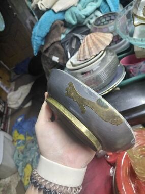 Vintage 5” pewter and Inlaid brass - metal  - Trinket Container Oval Bowl 6.5x4"